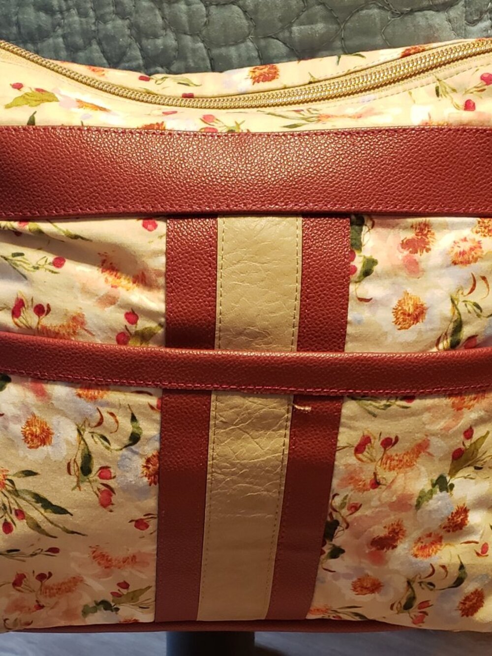 Handmade lined bag tan print with maroon accents